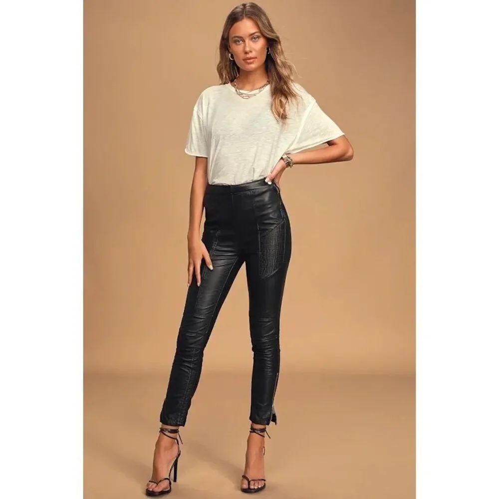 New Free People Kaelin Black Vegan Leather Moto Leggings Size 4